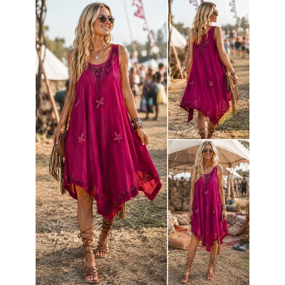 Greater Good Boho Embroidered Dragonfly Fairy Dress Free Size Magenta Festival‎